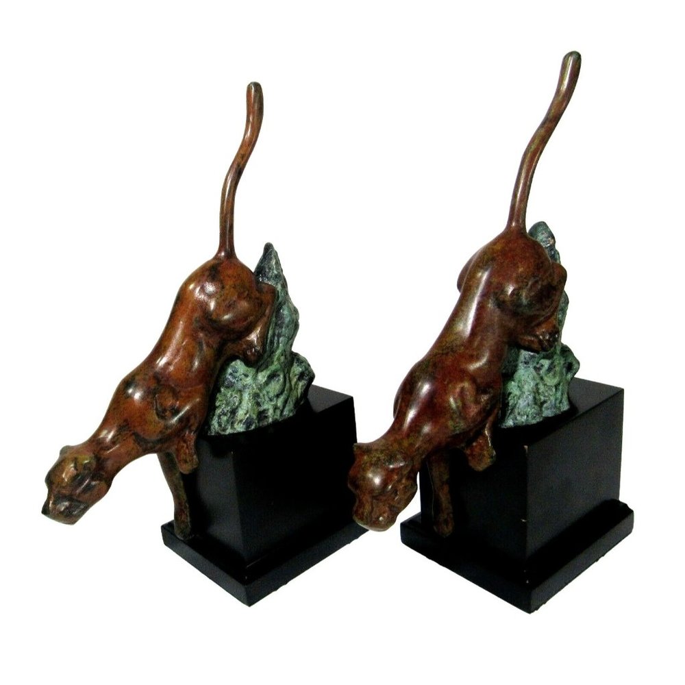 Vintage 12" MCM Art Deco Panther Jaguar Tiger Bronze Sculpture Bookends Statue - Picture 2 of 5